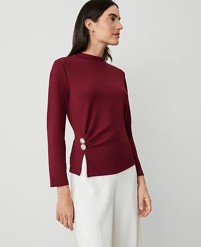 Ann Taylor Jewel Button Waist Mock Neck Top Size XS Rich Mulberry Women's