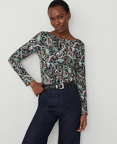 Ann Taylor Paisley Button Cuff Boatneck Top Size XS Black Women's