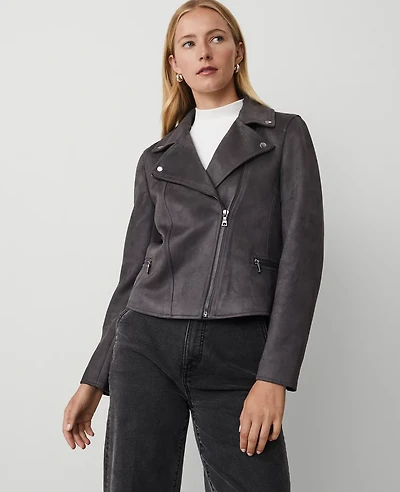 Ann Taylor Faux Suede Moto Jacket Size XS Alley Grey Women's