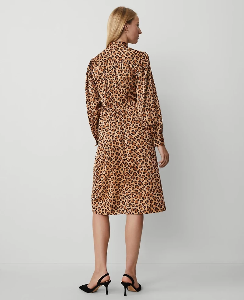 Ann Taylor Animal Print Tie Neck Midi Dress Size 0 Tan Women's