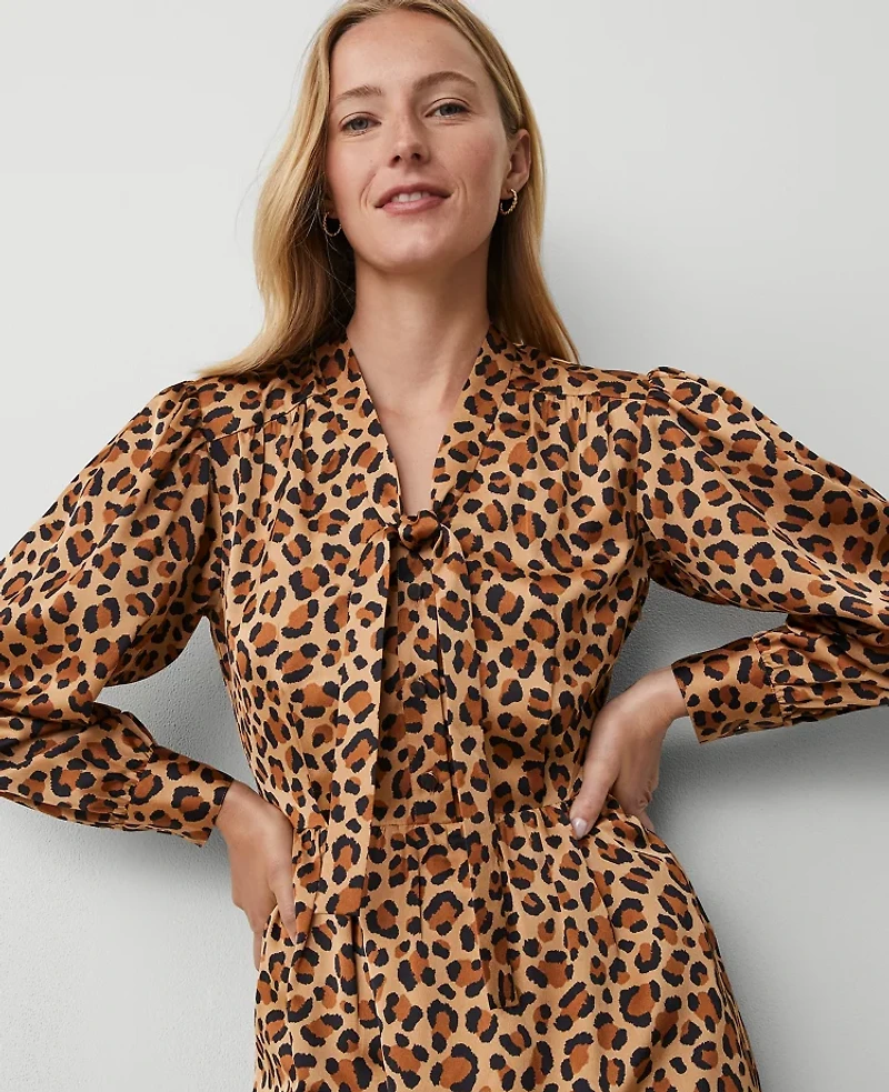Ann Taylor Animal Print Tie Neck Midi Dress Size 0 Tan Women's