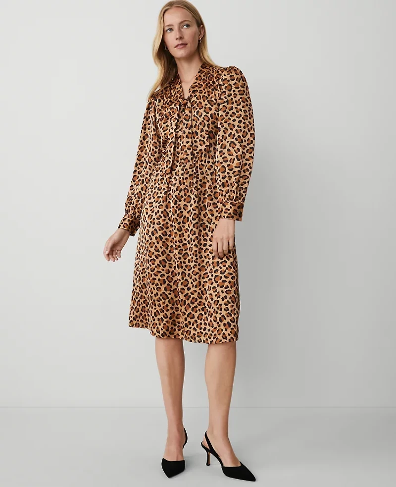 Ann Taylor Animal Print Tie Neck Midi Dress Size 0 Tan Women's