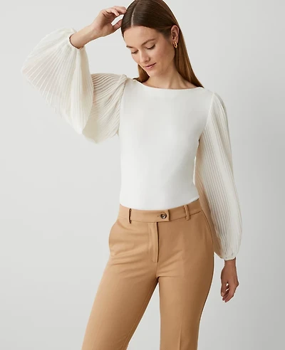 Ann Taylor Mixed Media Pleated Sleeve Top Size Large Winter White Women's