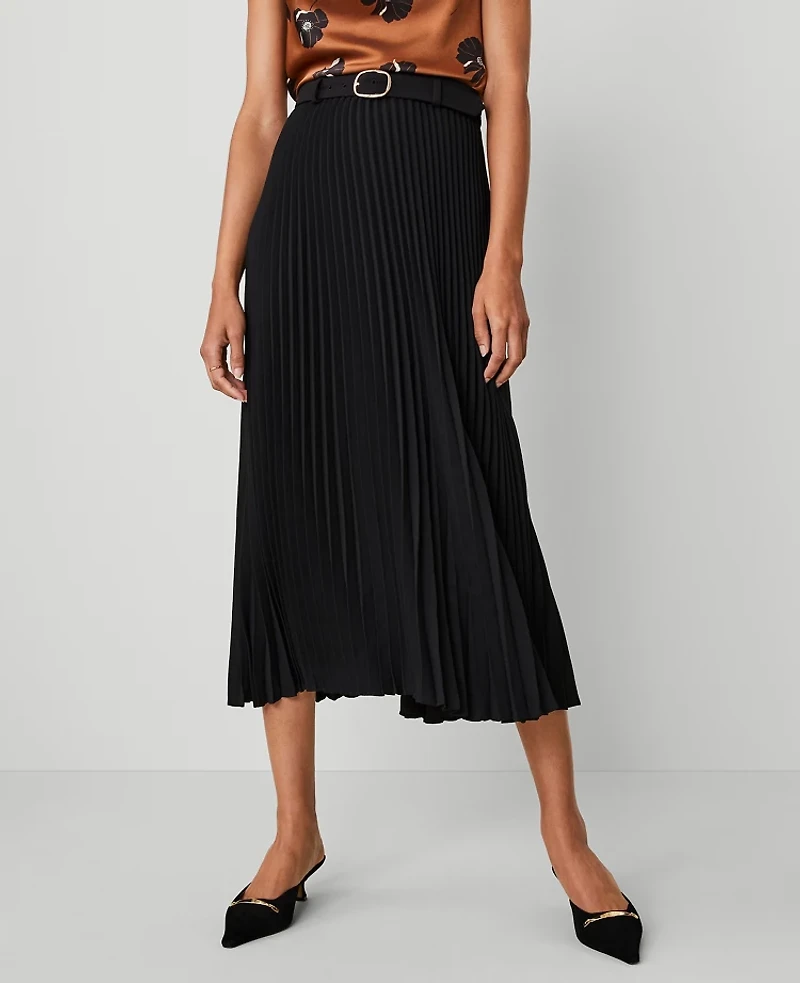 Ann Taylor Petite Belted Pleated Midi Skirt Women's