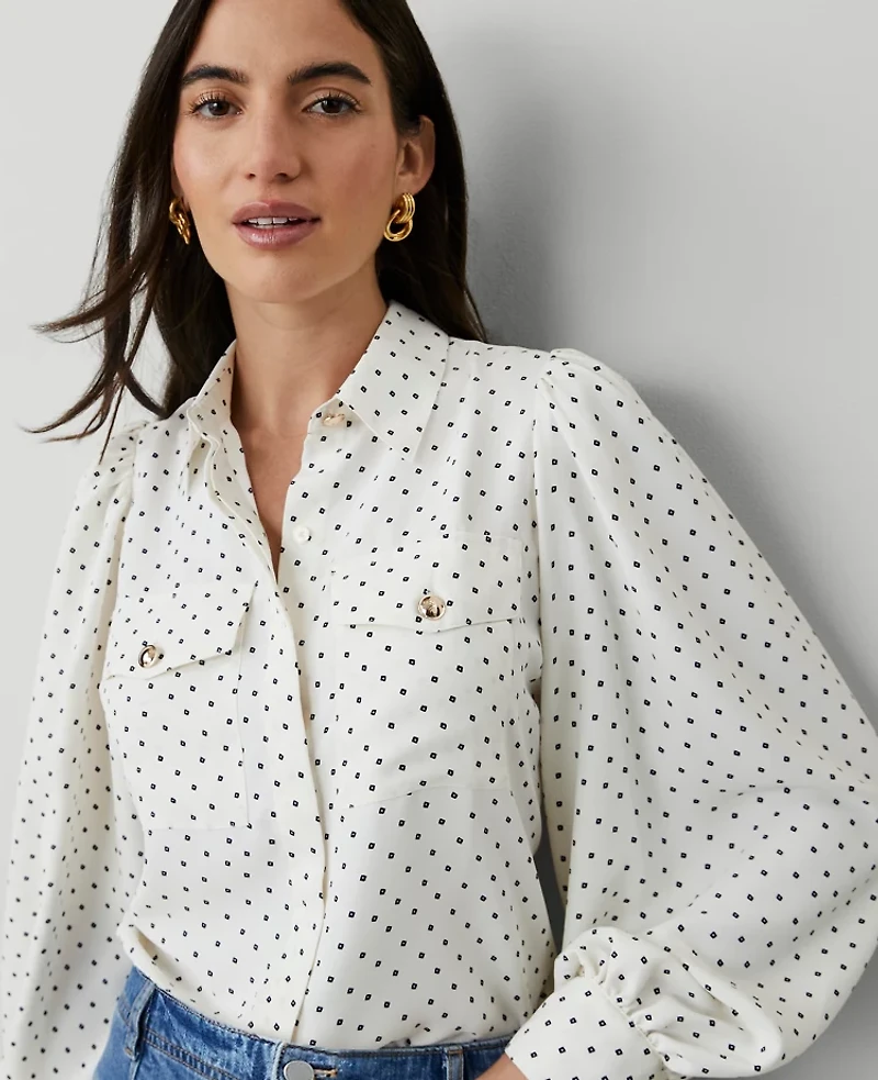 Ann Taylor Floral Utility Shirt Winter White Women's