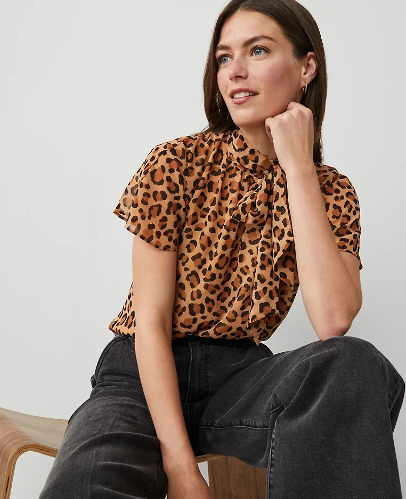 Ann Taylor Animal Print Mock Tie Neck Blouse Size XS Tan Women's