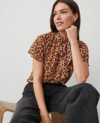 Ann Taylor Animal Print Mock Tie Neck Blouse Size XS Tan Women's