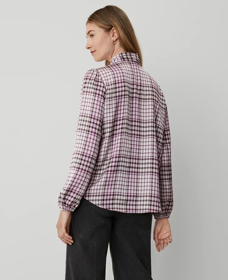 Ann Taylor Petite Plaid Tie V-Neck Popover Top Size 2XS Sunset Lavender Women's