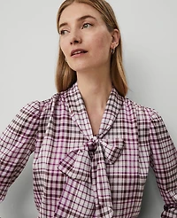 Ann Taylor Petite Plaid Tie V-Neck Popover Top Size 2XS Sunset Lavender Women's