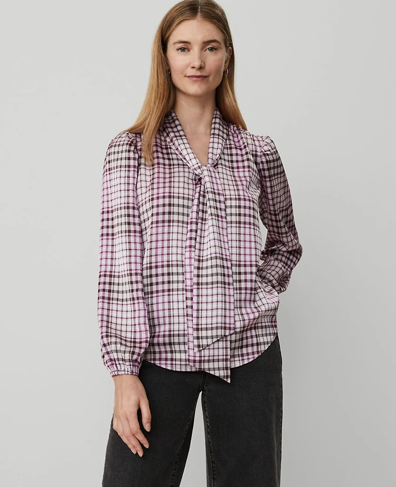 Ann Taylor Petite Plaid Tie V-Neck Popover Top Size 2XS Sunset Lavender Women's