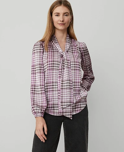 Ann Taylor Petite Plaid Tie V-Neck Popover Top Size 2XS Sunset Lavender Women's