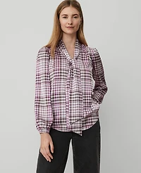 Ann Taylor Petite Plaid Tie V-Neck Popover Top Size 2XS Sunset Lavender Women's