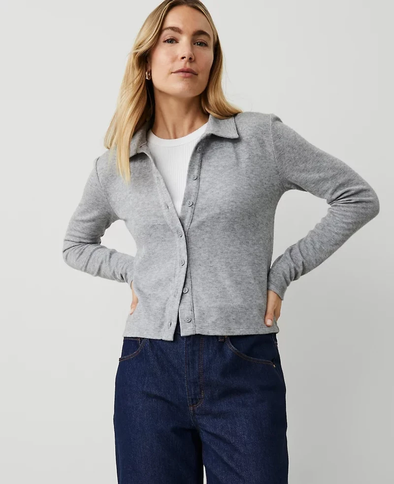 Ann Taylor Weekend Collection Collared Button Down Top Size XS Medium Heather Grey Women's