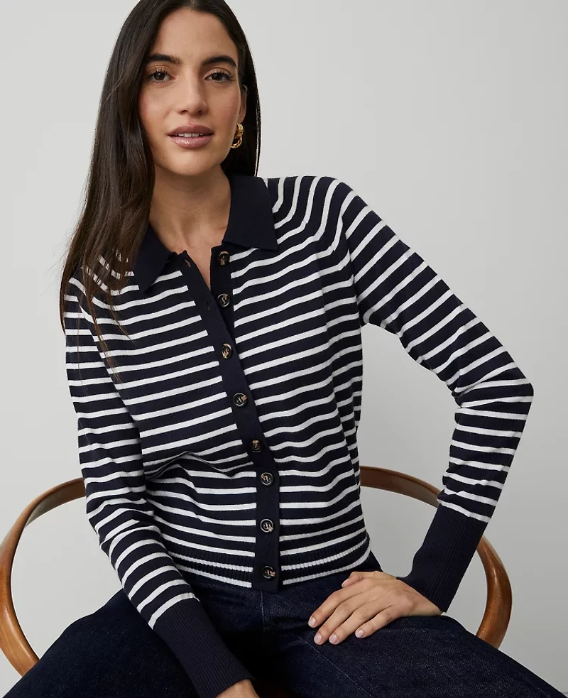 Ann Taylor Striped Collared Cardigan Size XS Navy/White Women's