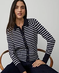 Ann Taylor Striped Collared Cardigan Size XS Navy/White Women's