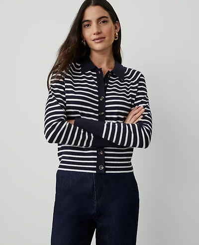 Ann Taylor Striped Collared Cardigan Size XS Navy/White Women's