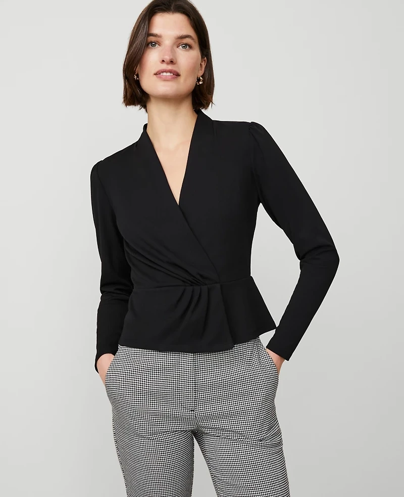 Ann Taylor Pleat Waist Wrap Top Black Women's
