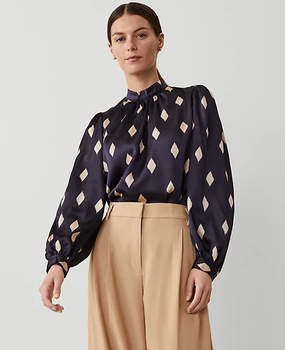 Ann Taylor Petite Geo Mock Neck Blouse Night Sky Women's