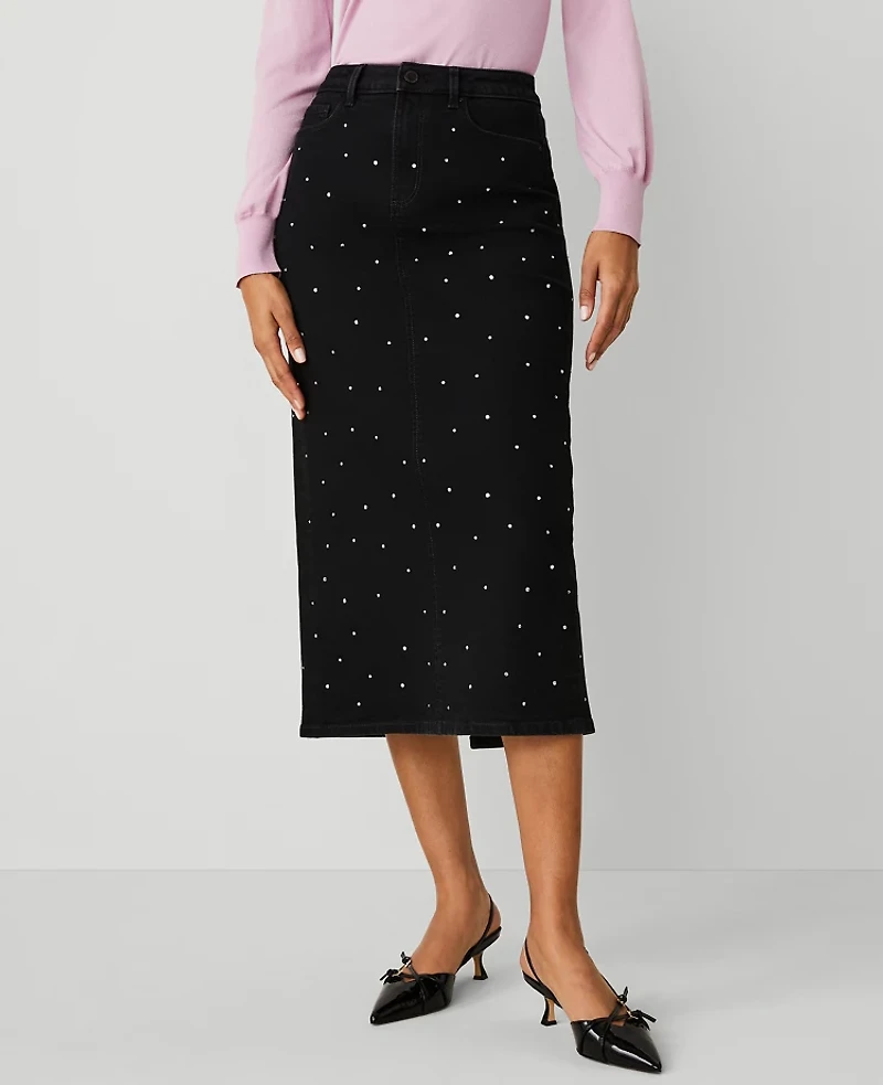 Ann Taylor Embellished Denim Column Skirt Size 0 Classic Black Wash Women's