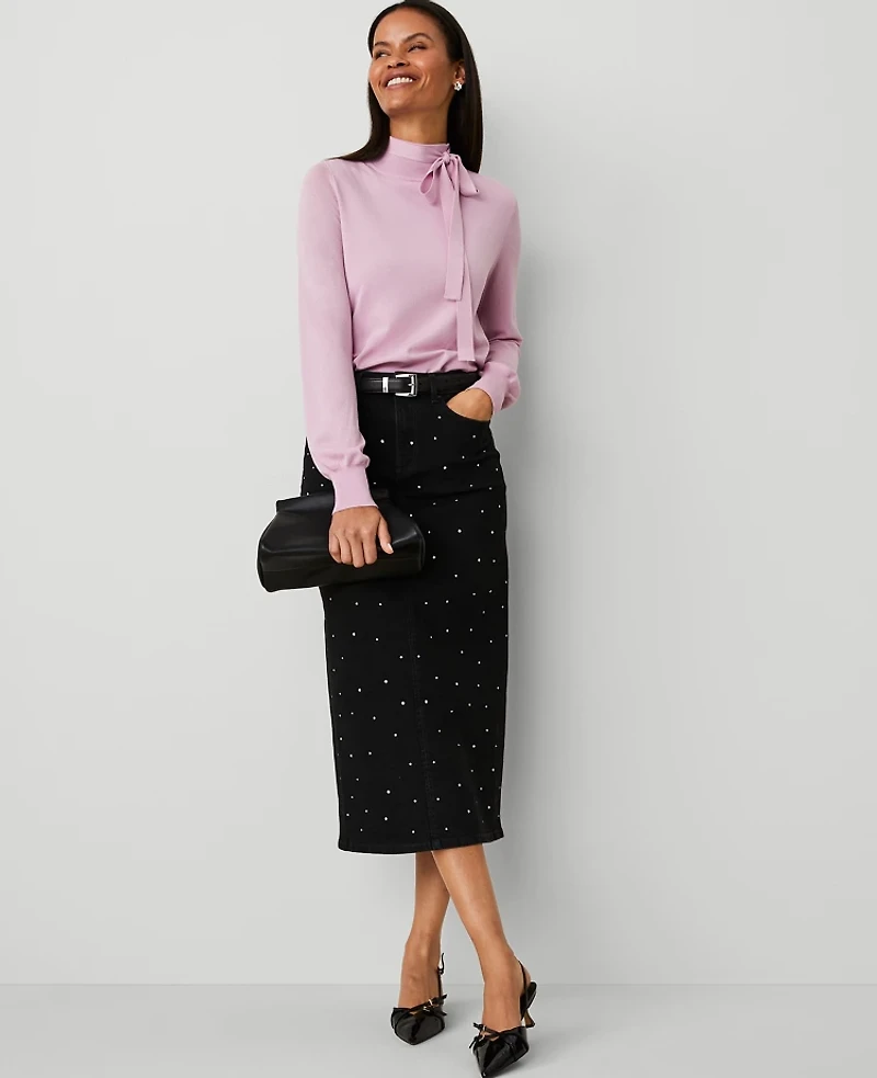 Ann Taylor Embellished Denim Column Skirt Size 0 Classic Black Wash Women's