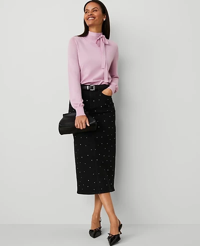 Ann Taylor Embellished Denim Column Skirt Size 0 Classic Black Wash Women's