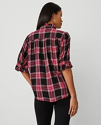 Ann Taylor Plaid Ruffle Button Top Size 2XS Black Women's