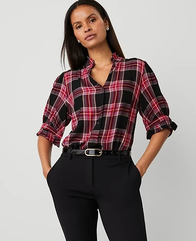 Ann Taylor Plaid Ruffle Button Top Size 2XS Black Women's