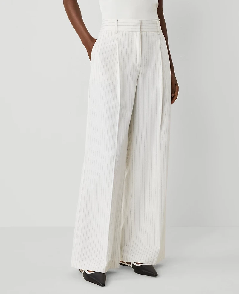 Ann Taylor The Pleated Wide-Leg Pant Pinstripe Dusty Ivory Melange Women's