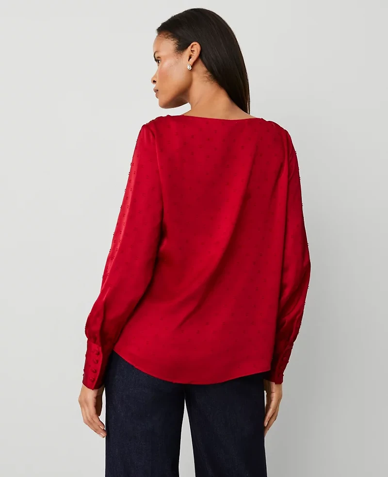 Ann Taylor Petite Satin Clip Crew Neck Blouse Size 2XS Gingham Red Women's