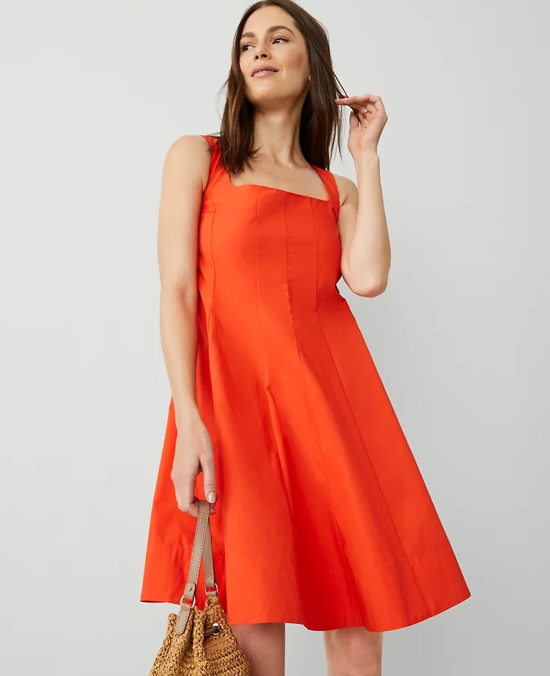 Ann Taylor Square Neck Seamed Flare Dress Deep Flame Orange Women's