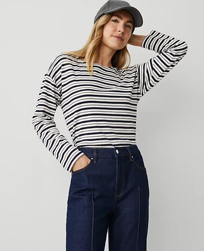 Ann Taylor Petite Weekend Collection Stripe Relaxed Long Sleeve Top Night Sky Women's