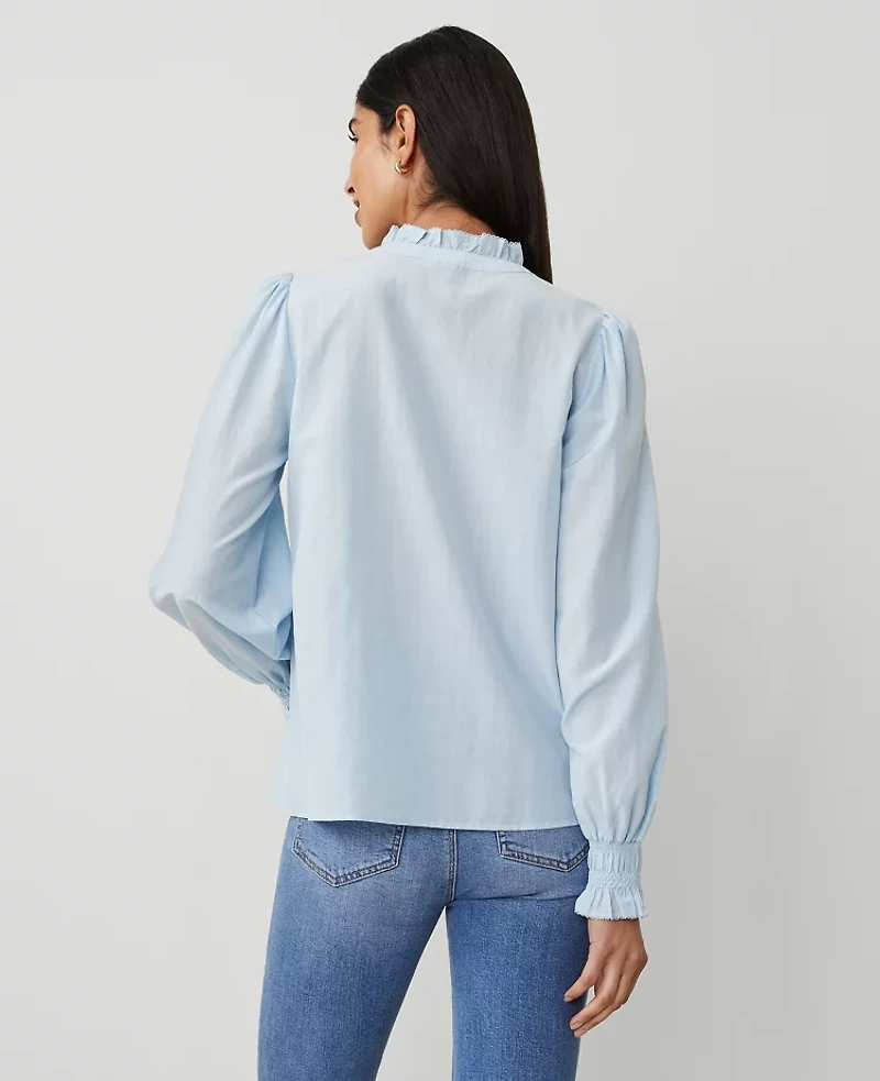 Ann Taylor Cutout Smocked Cuff Blouse Size Medium Freesia Blue Women's