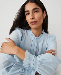 Ann Taylor Cutout Smocked Cuff Blouse Size Medium Freesia Blue Women's