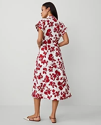 Ann Taylor Tropical Collared Midi Flare Dress Bright Cherry B Women's