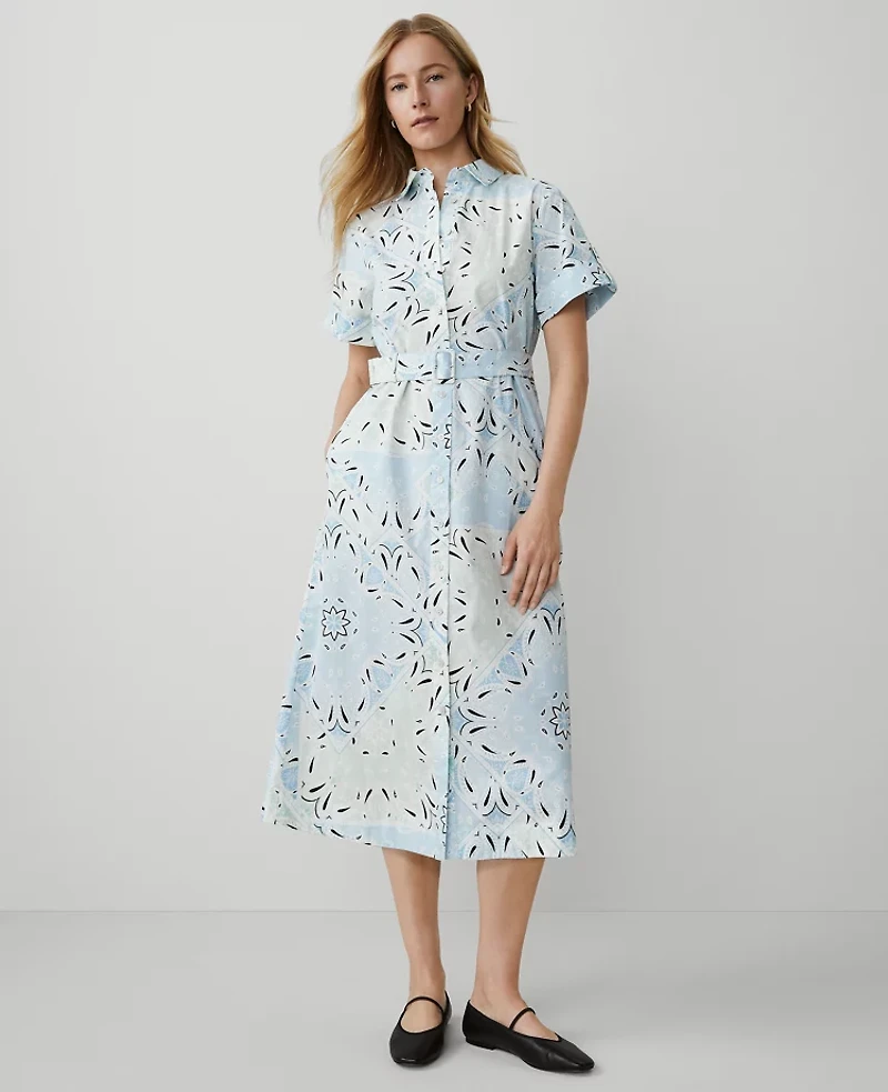 Ann Taylor Weekend Collection Paisley Collared Midi Shift Dress Pristine Blue Women's