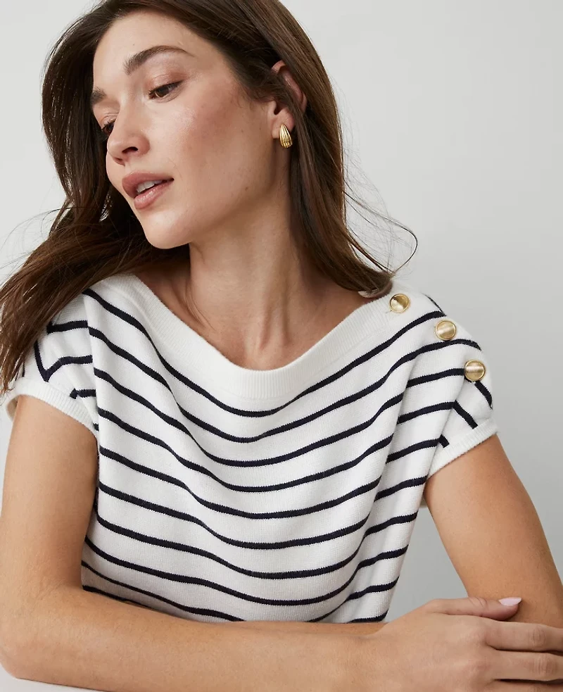 Ann Taylor Striped Boatneck Sweater Navy/White Combo Women's