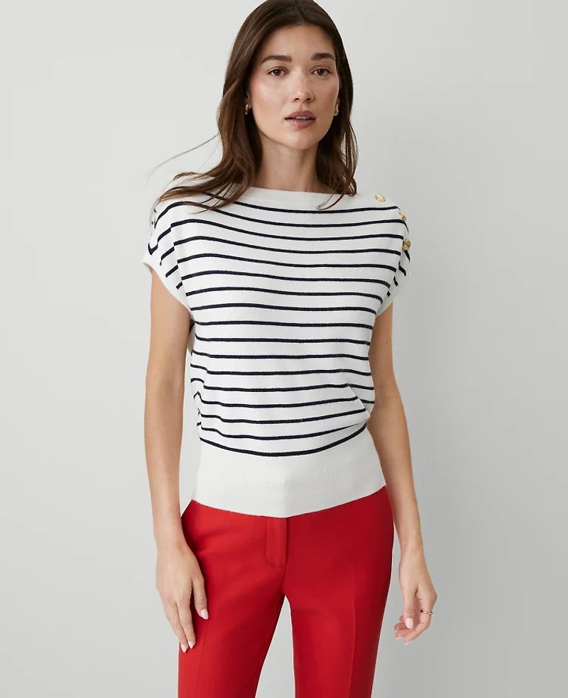 Ann Taylor Striped Boatneck Sweater Navy/White Combo Women's