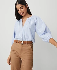 Ann Taylor Weekend Collection Striped Raglan Popover Top Size Medium Blue Women's