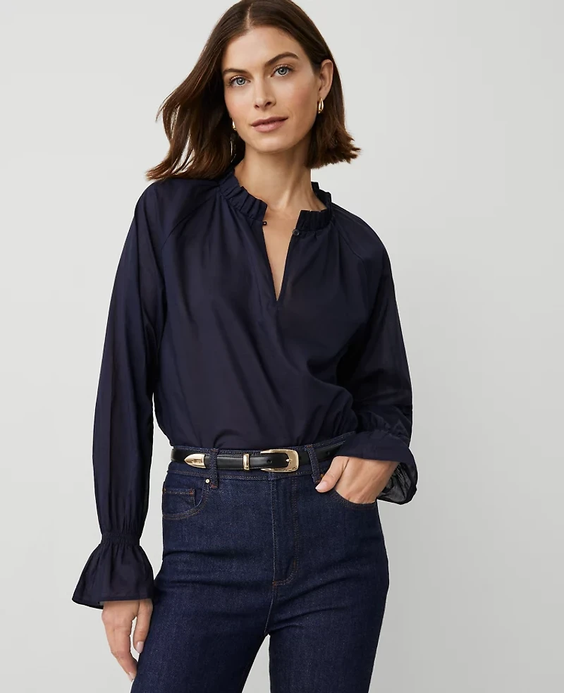 Ann Taylor Ruffle Raglan Popover Top Size Small Night Sky Women's