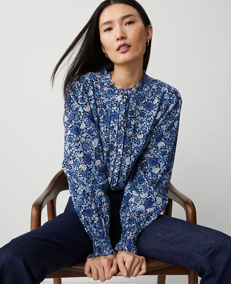 Ann Taylor Floral Cutout Smocked Cuff Blouse Dark Periwinkle Women's