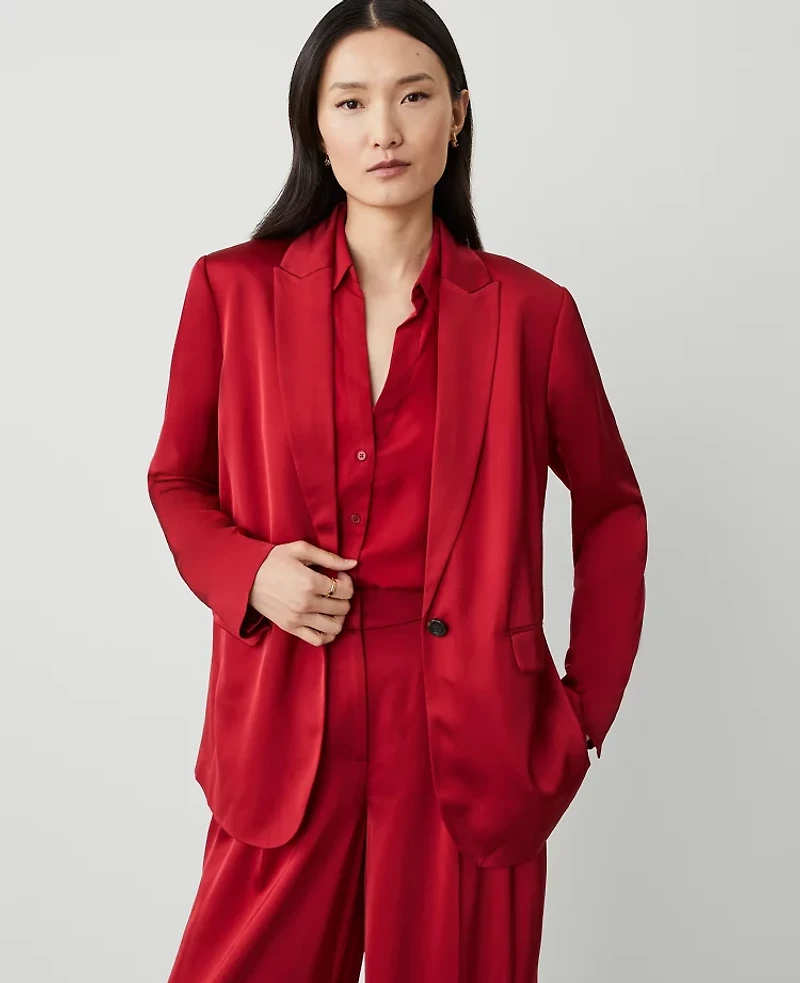 Ann Taylor The Petite Longline Blazer Satin Gingham Red Women's