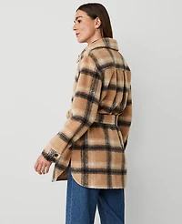 Ann Taylor Petite Weekend Collection Plaid Belted Shacket Cafe Au Lait Women's