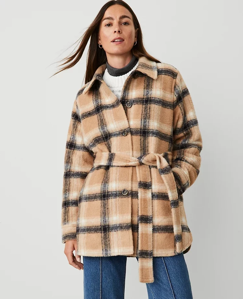 Ann Taylor Petite Weekend Collection Plaid Belted Shacket Cafe Au Lait Women's