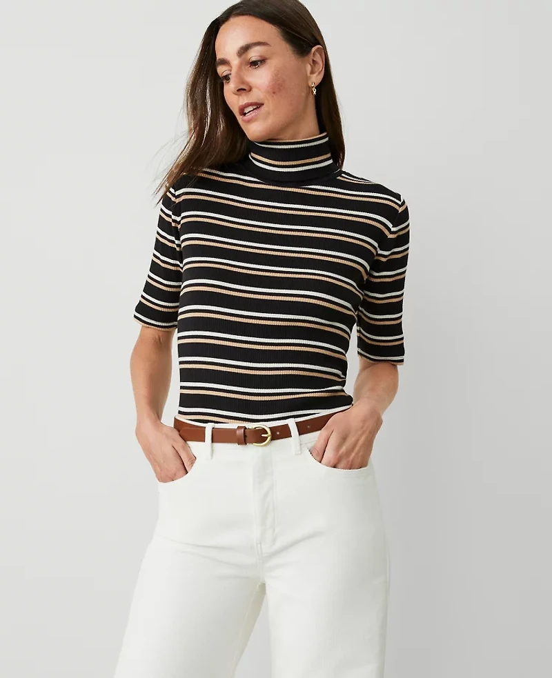 Ann Taylor Weekend Collection Stripe Ribbed Turtleneck Elbow Sleeve Top XS Women's