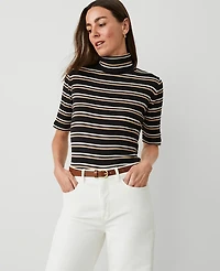 Ann Taylor Weekend Collection Stripe Ribbed Turtleneck Elbow Sleeve Top XS Women's
