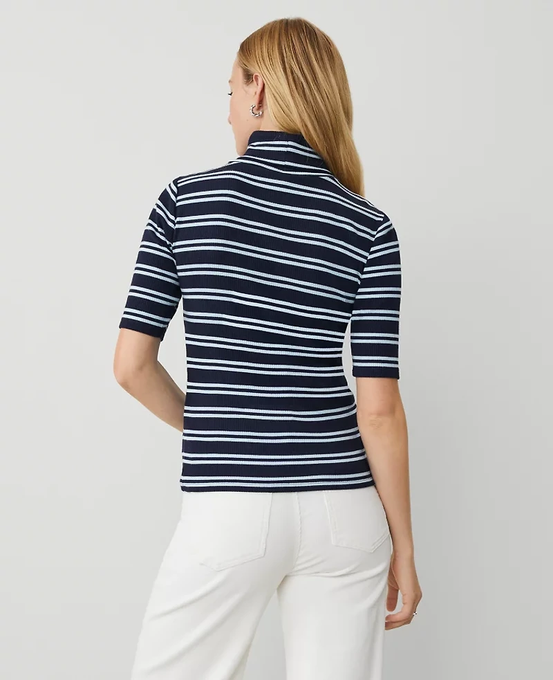 Ann Taylor Weekend Collection Stripe Ribbed Turtleneck Elbow Sleeve Top Size Large Night Sky Women's