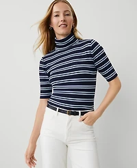 Ann Taylor Weekend Collection Stripe Ribbed Turtleneck Elbow Sleeve Top Size Large Night Sky Women's