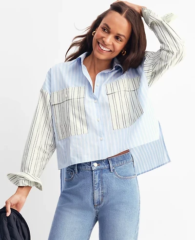 Ann Taylor Weekend Collection Oversized Cropped High-Low Shirt Size XL Larmar Blue Women's
