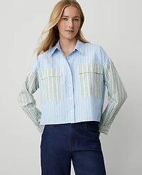 Ann Taylor Weekend Collection Oversized Cropped High-Low Shirt Size XL Larmar Blue Women's