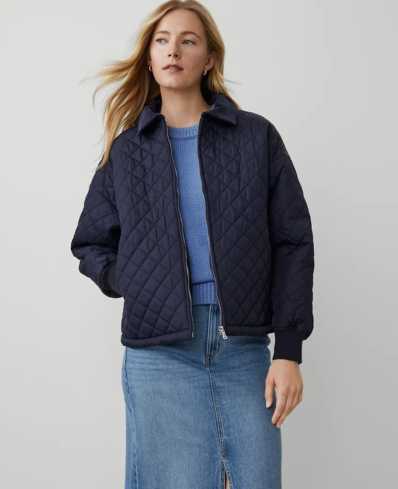 Ann Taylor Weekend Collection Quilted Bomber Jacket Size XS Night Sky Women's
